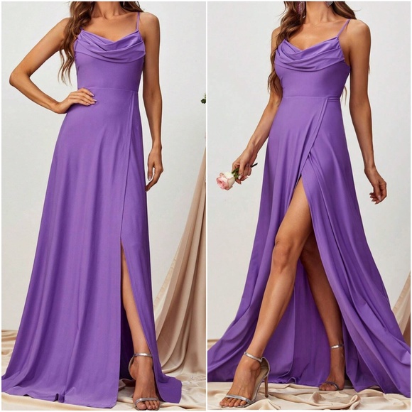 Luxe Satin Draped Party Formal Prom Wedding maxi Dress - Picture 4 of 7